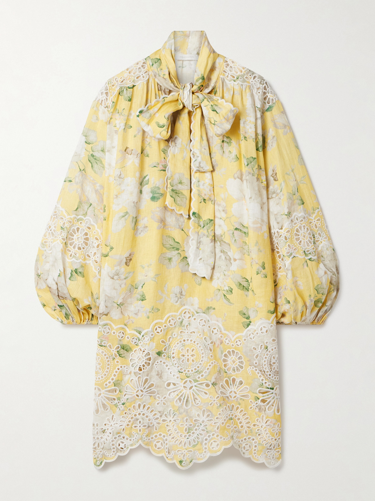 ZIMMERMANN ACACIA TIE-NECK BRODERIE ANGLAISE-TRIMMED FLORAL-PRINT LINEN MINI DRESS