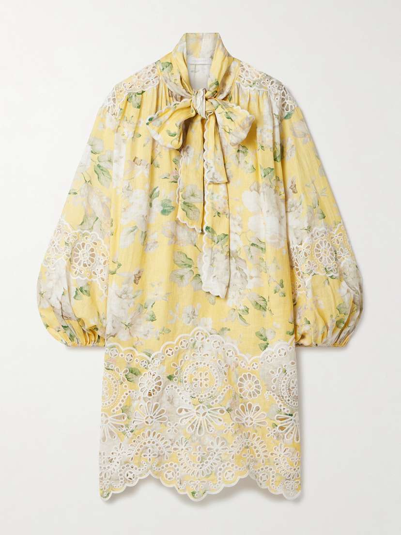 Zimmermann Acacia Tie-neck Broderie Anglaise-trimmed Floral-print Linen Mini Dress