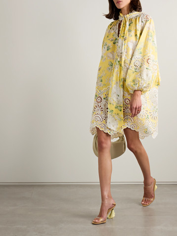 Zimmermann Acacia tie-neck broderie anglaise-trimmed floral-print linen mini dress