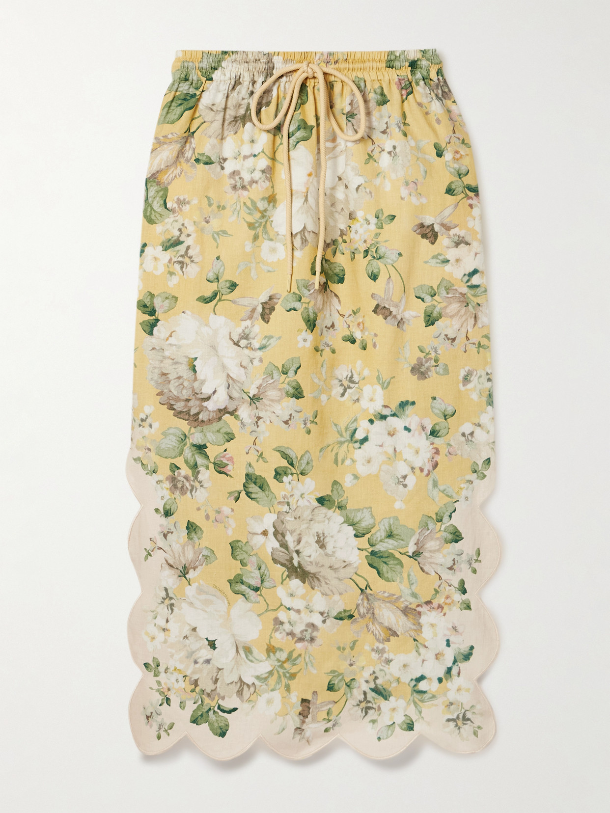 Zimmermann Acacia Scalloped Floral-print Linen Midi Skirt In Yellow