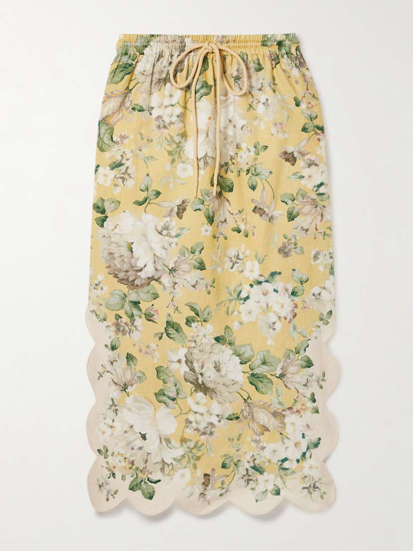 Zimmermann Acacia Scalloped Floral-print Linen Midi Skirt
