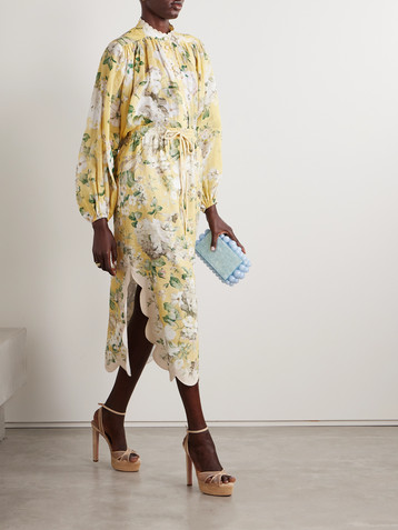 Zimmermann Acacia scalloped floral-print linen midi skirt