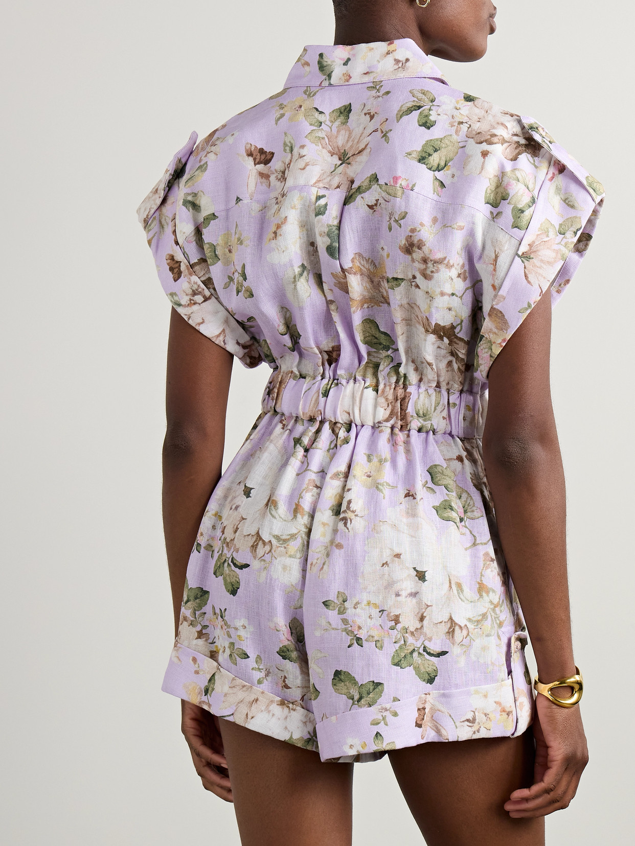 Zimmermann Floral Print Linen Playsuit With Belted Waist And Short Sleeves In Purple