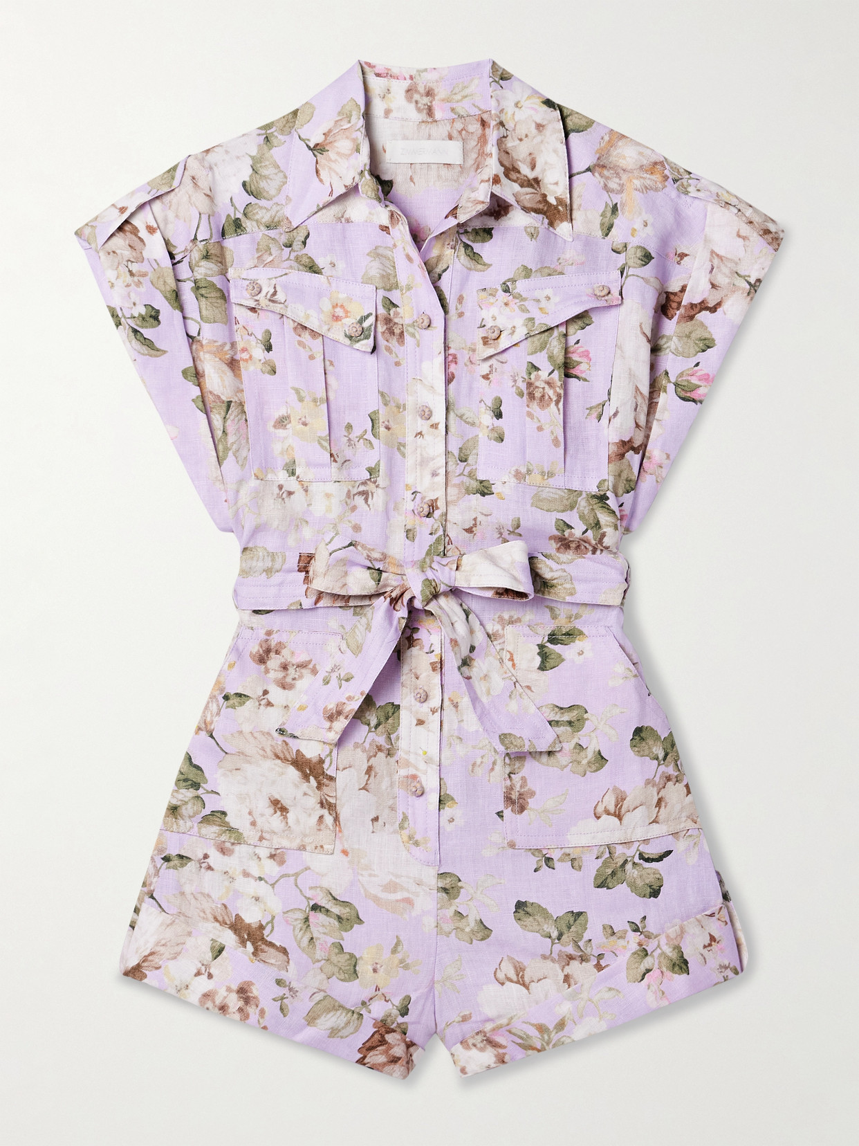 Zimmermann Floral Print Linen Playsuit With Belted Waist And Short Sleeves In Multi