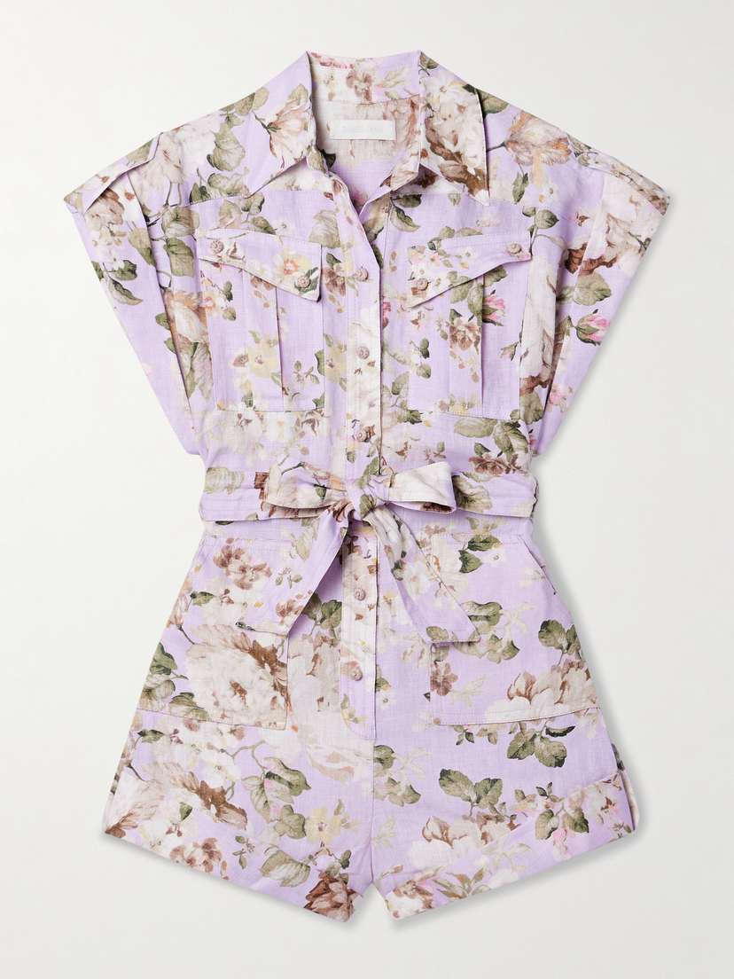 Zimmermann Acacia Belted Floral-print Linen Playsuit