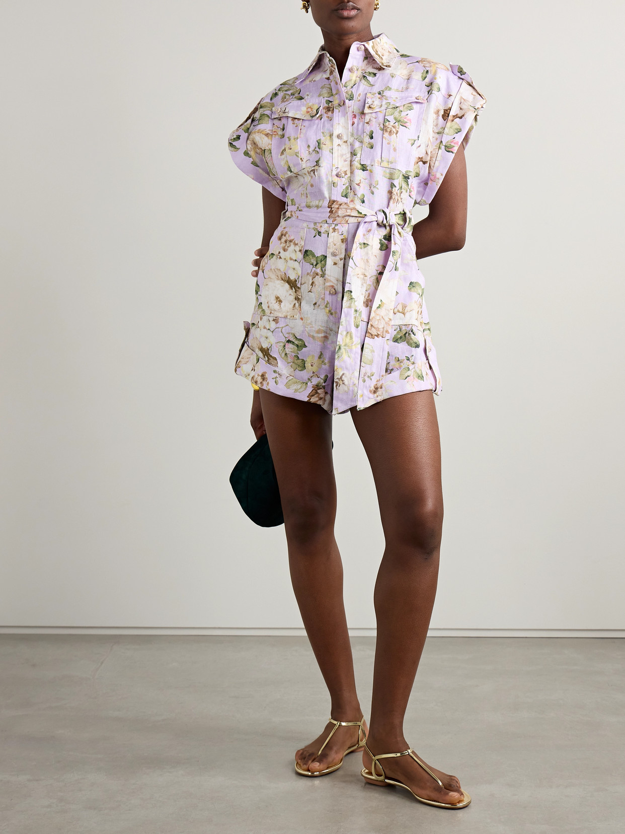 Zimmermann Floral Print Linen Playsuit With Belted Waist And Short Sleeves In Purple