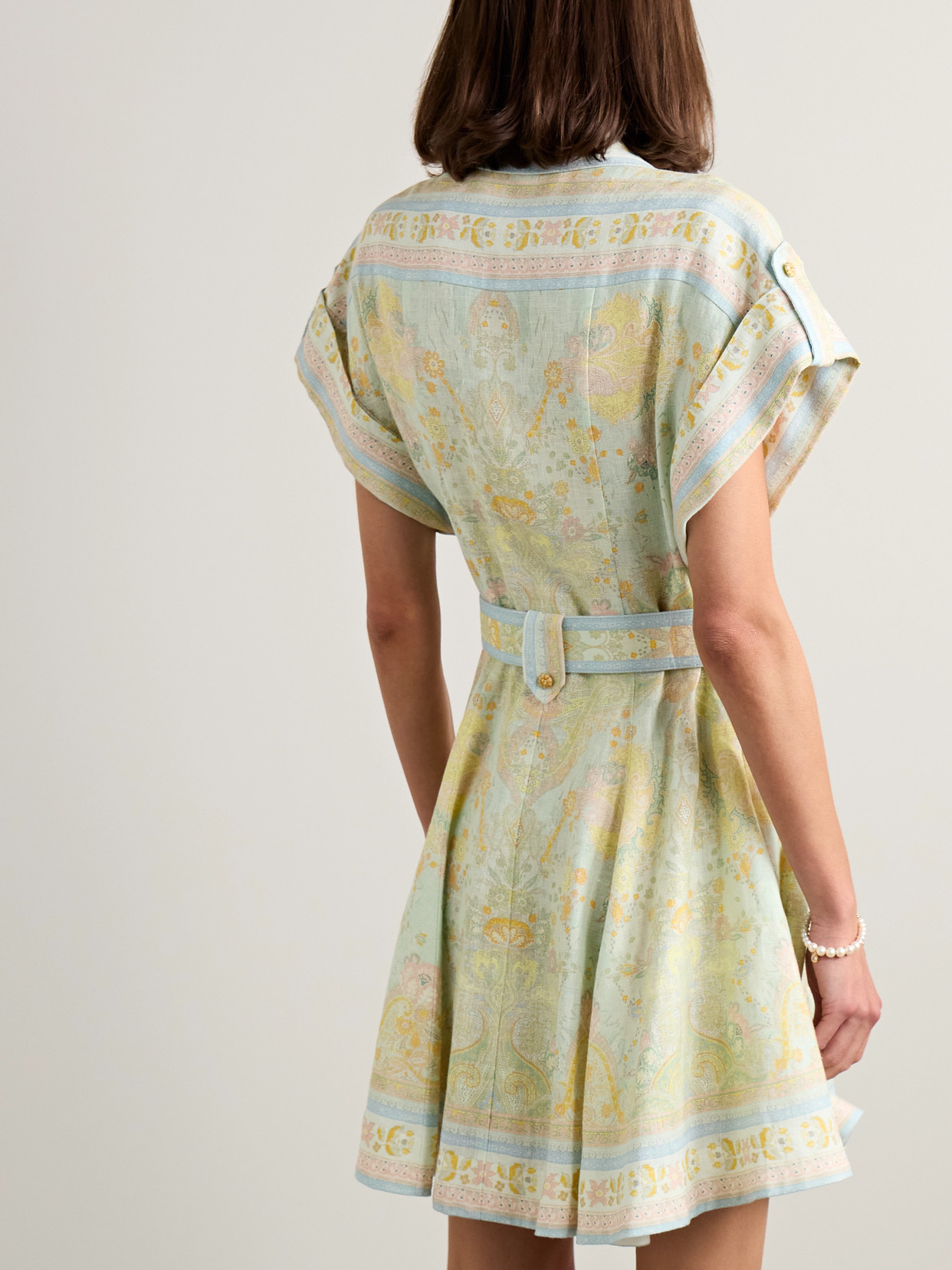Zimmermann Acacia Belted Paisley-print Linen Mini Shirt Dress In Green