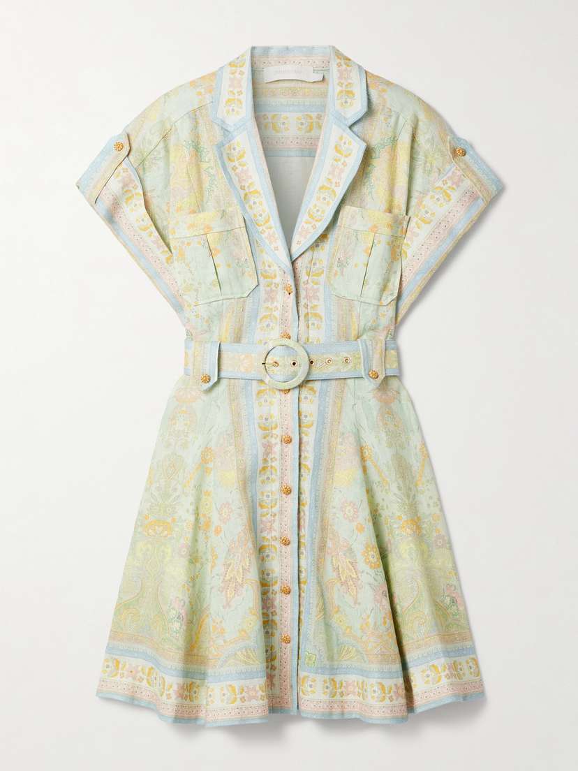 Zimmermann Acacia Belted Paisley-print Linen Mini Shirt Dress