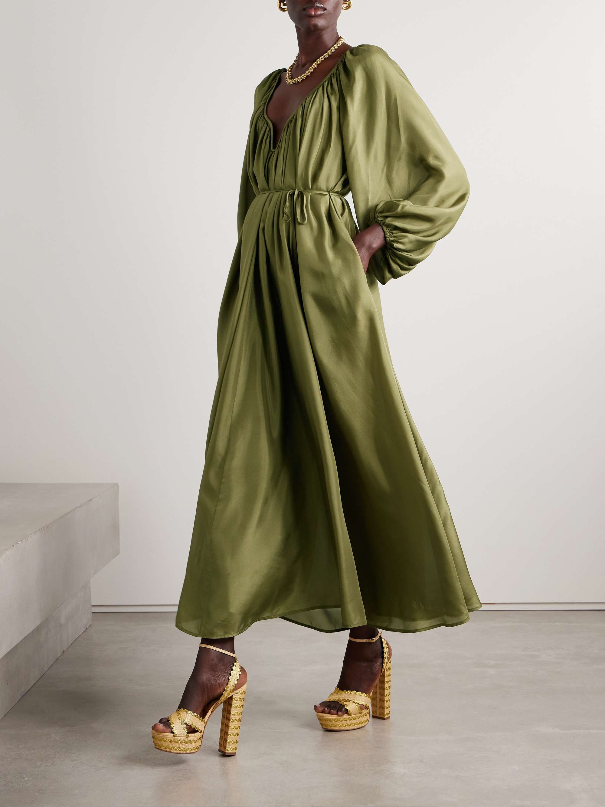 Belted silk midi dress hotsell