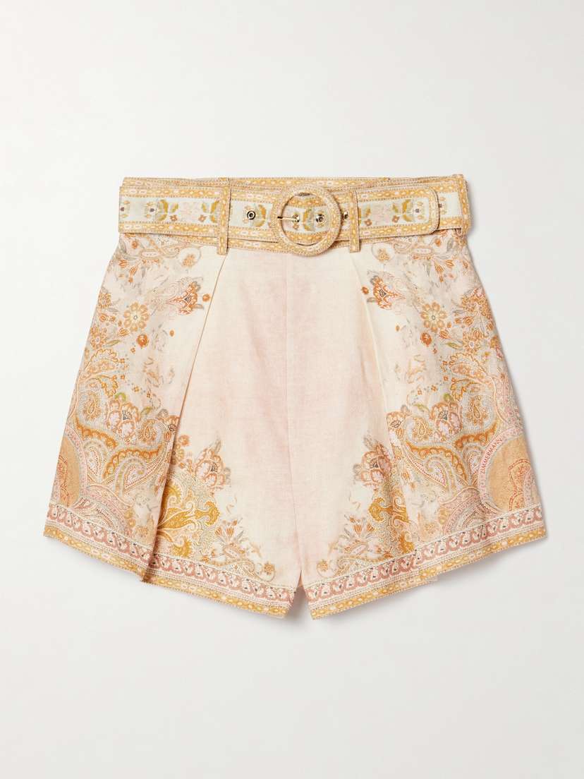 Zimmermann Acacia Belted Pleated Printed Linen Shorts