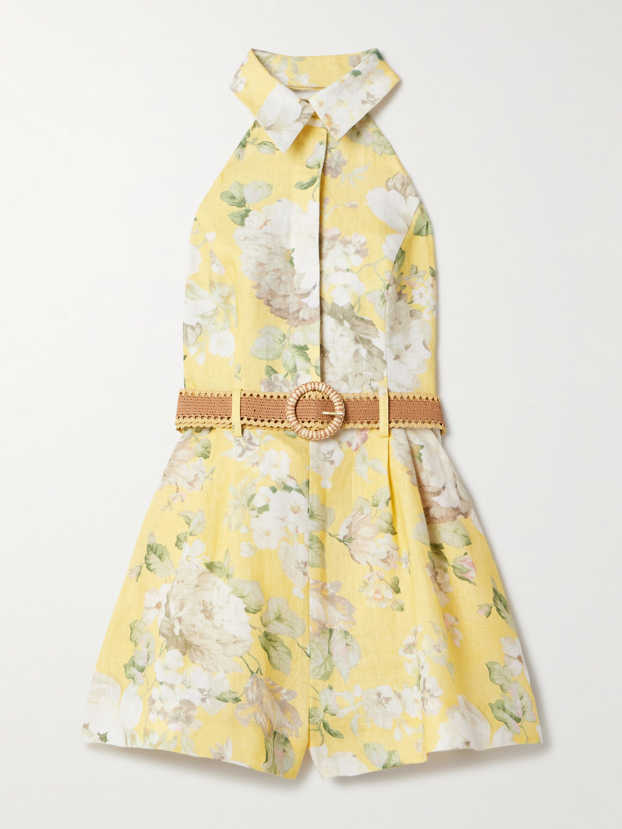 Zimmermann Acacia Belted Floral-print Linen Halterneck Playsuit In Multi