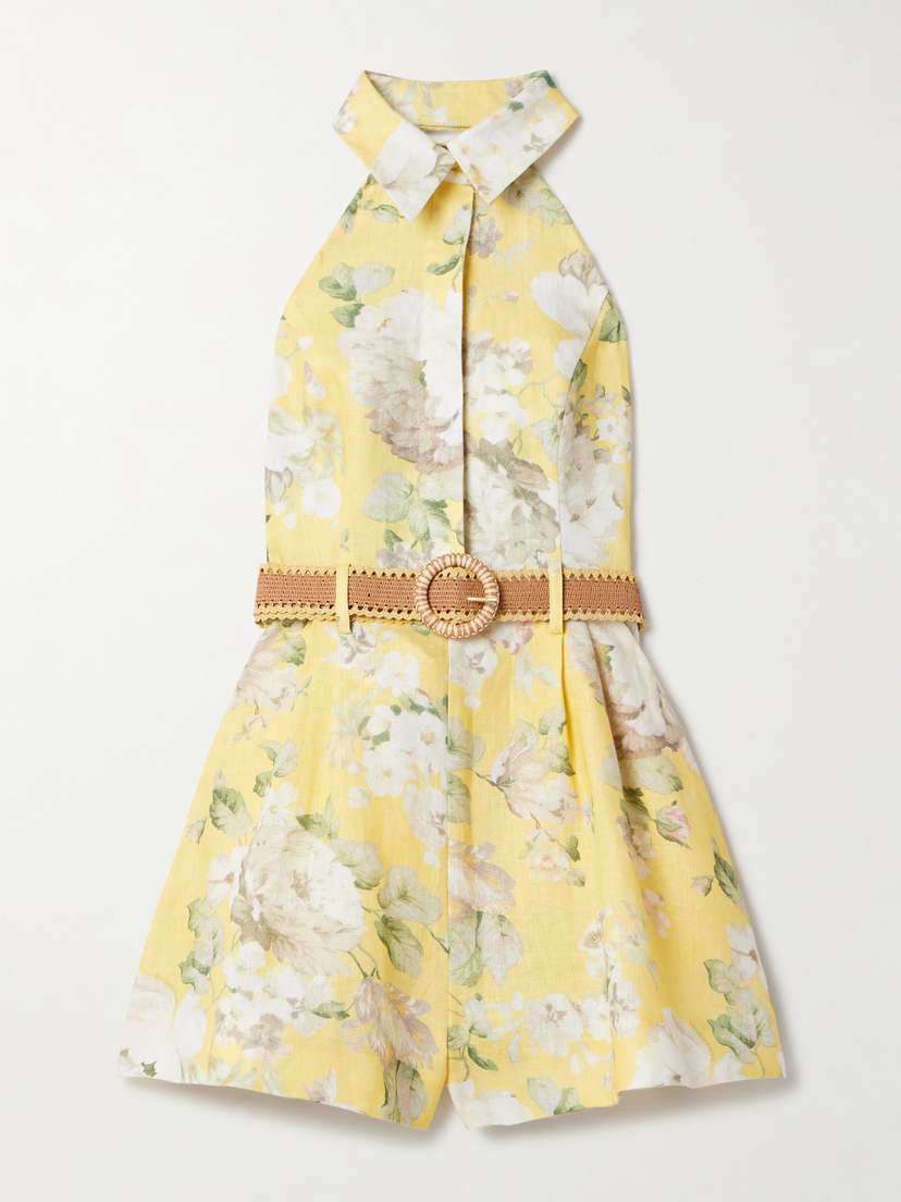 Zimmermann Acacia Belted Floral-print Linen Halterneck Playsuit