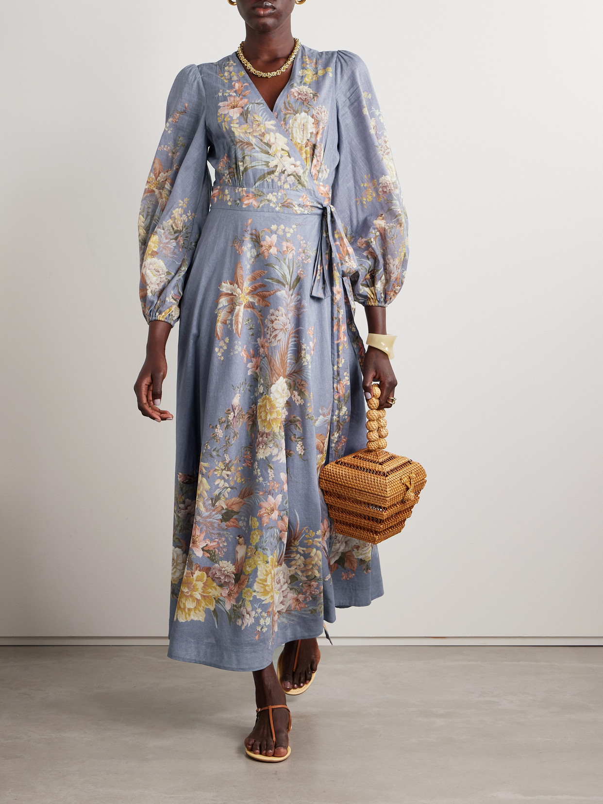 Shop Zimmermann Tallow Floral-print Cotton-voile Midi Wrap Dress In Blue