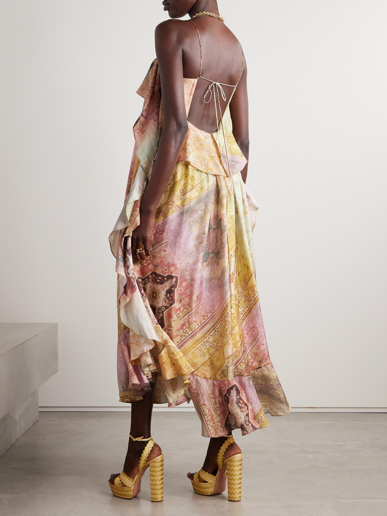 Zimmermann Tallow Ruffled Printed Silk Maxi Dress In Yellow