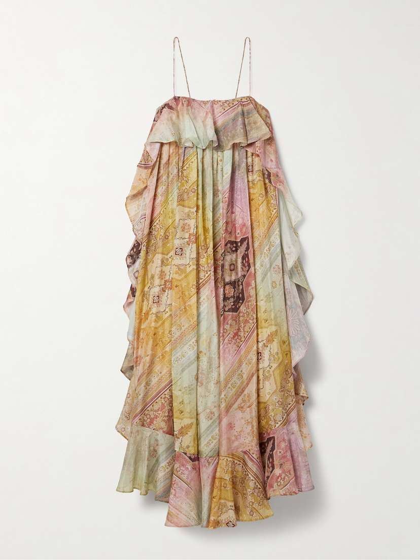 Zimmermann Tallow Ruffled Printed Silk Maxi Dress
