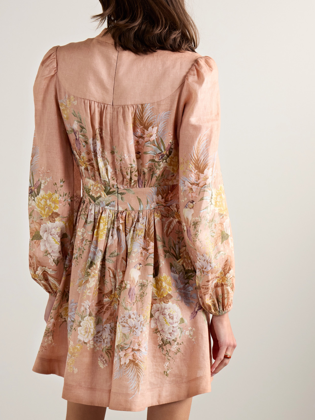 ZIMMERMANN TALLOW PLEATED FLORAL-PRINT LINEN MINI DRESS