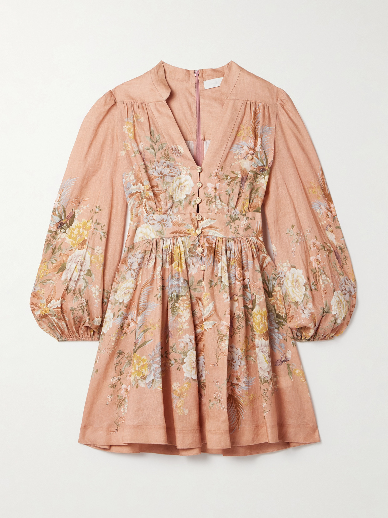 ZIMMERMANN TALLOW PLEATED FLORAL-PRINT LINEN MINI DRESS