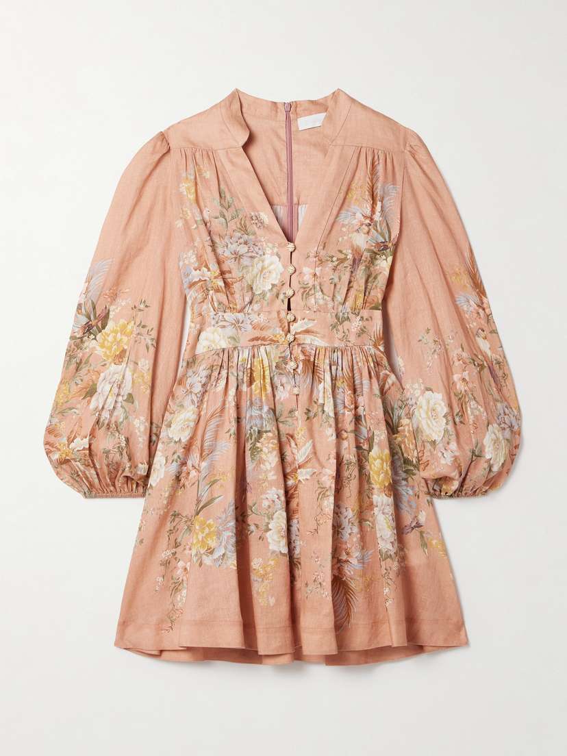 Zimmermann Tallow Pleated Floral-print Linen Mini Dress