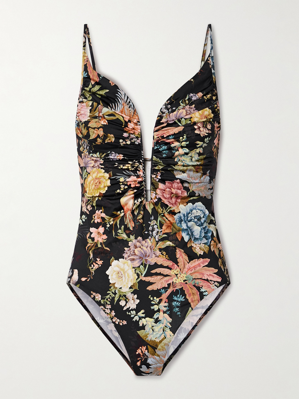 Zimmermann Tallow Ruched Floral-print Swimsuit In Black
