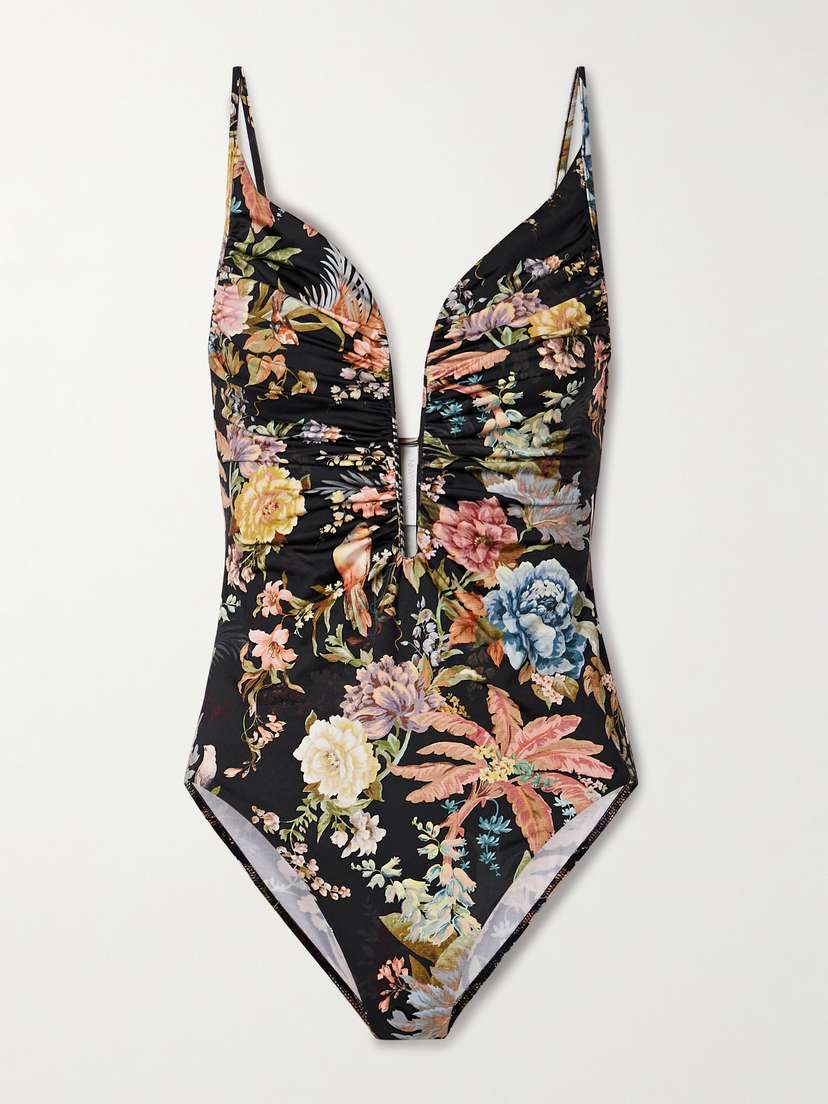 Zimmermann Tallow Ruched Floral-print Swimsuit