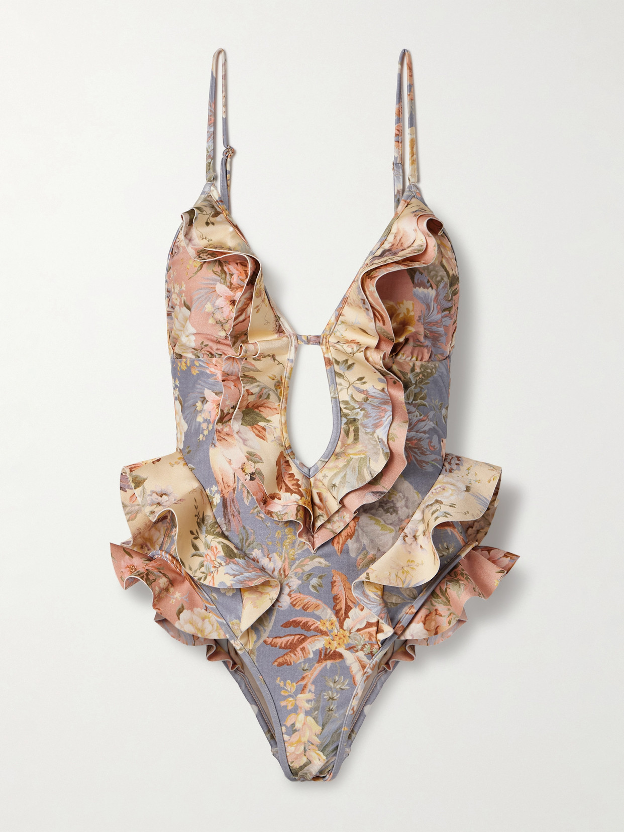 Zimmermann Tallow Ruffled Cutout Floral-print Swimsuit In Multi