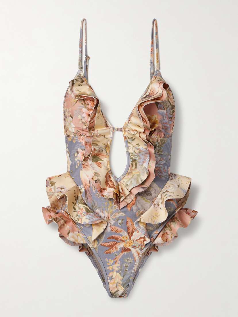 Zimmermann Tallow Ruffled Cutout Floral-print Swimsuit