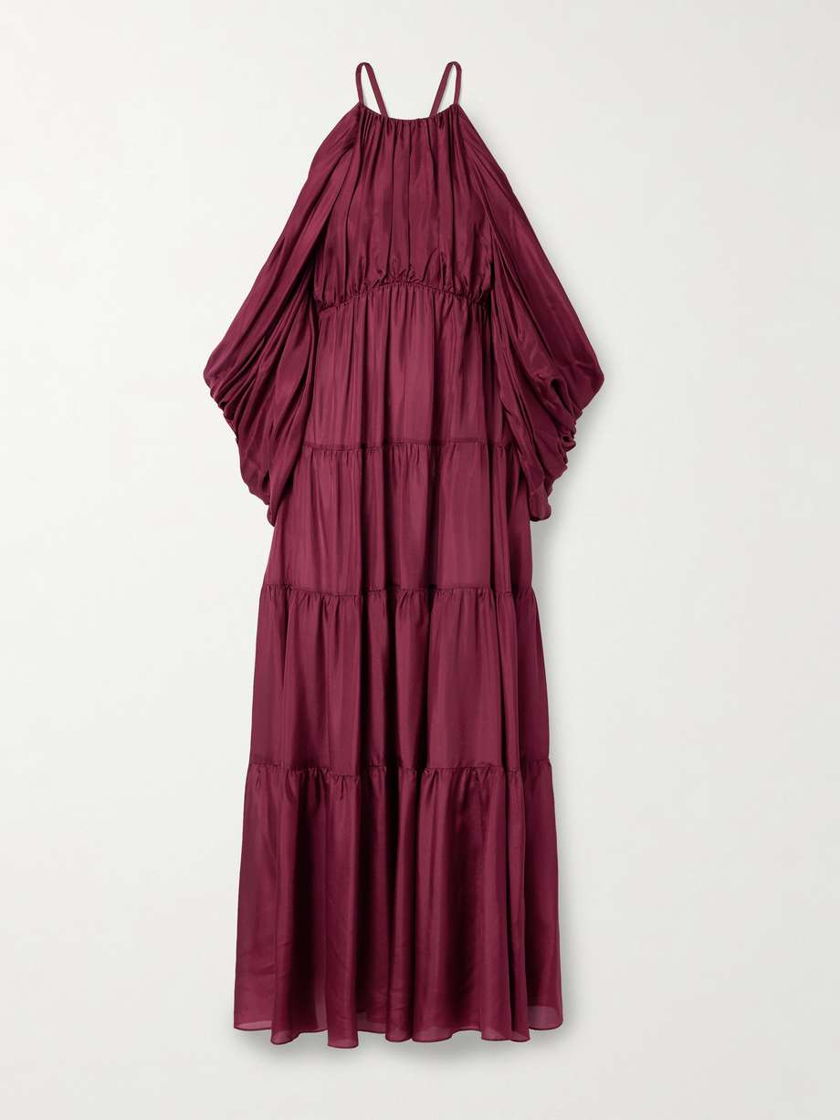 tallow cold-shoulder pleated tiered silk-satin maxi dress