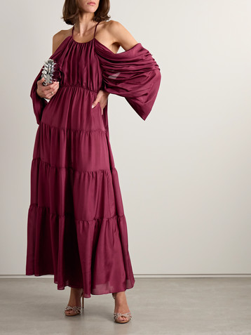 Zimmermann Tallow cold-shoulder pleated tiered silk-satin maxi dress