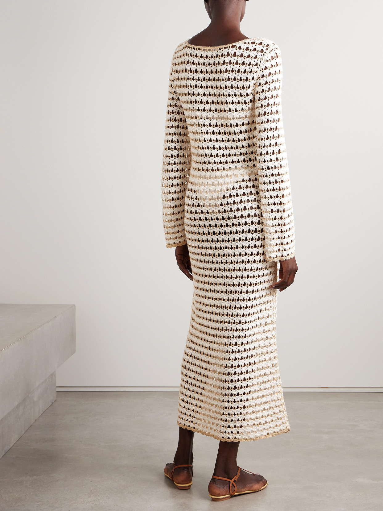 Zimmermann Tallow Metallic Crocheted Cotton-blend Midi Dress In Ivory