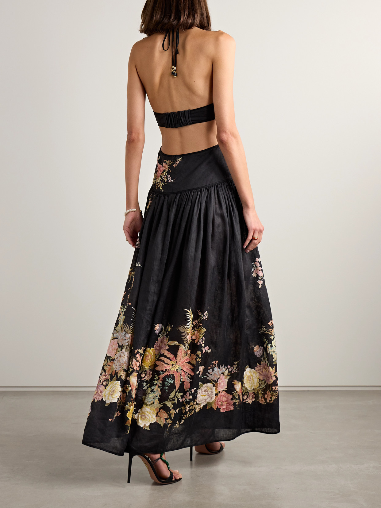 ZIMMERMANN TALLOW CUTOUT FLORAL-PRINT LINEN HALTERNECK MIDI DRESS