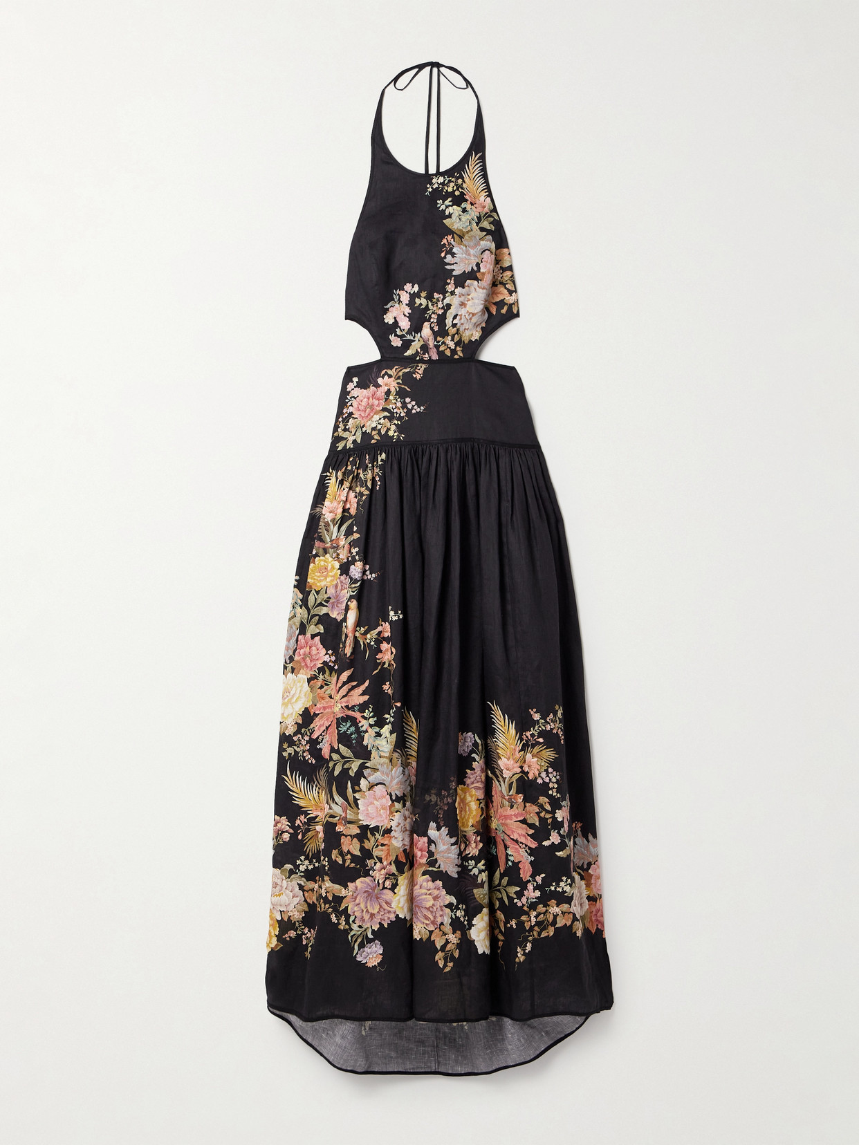 ZIMMERMANN TALLOW CUTOUT FLORAL-PRINT LINEN HALTERNECK MIDI DRESS
