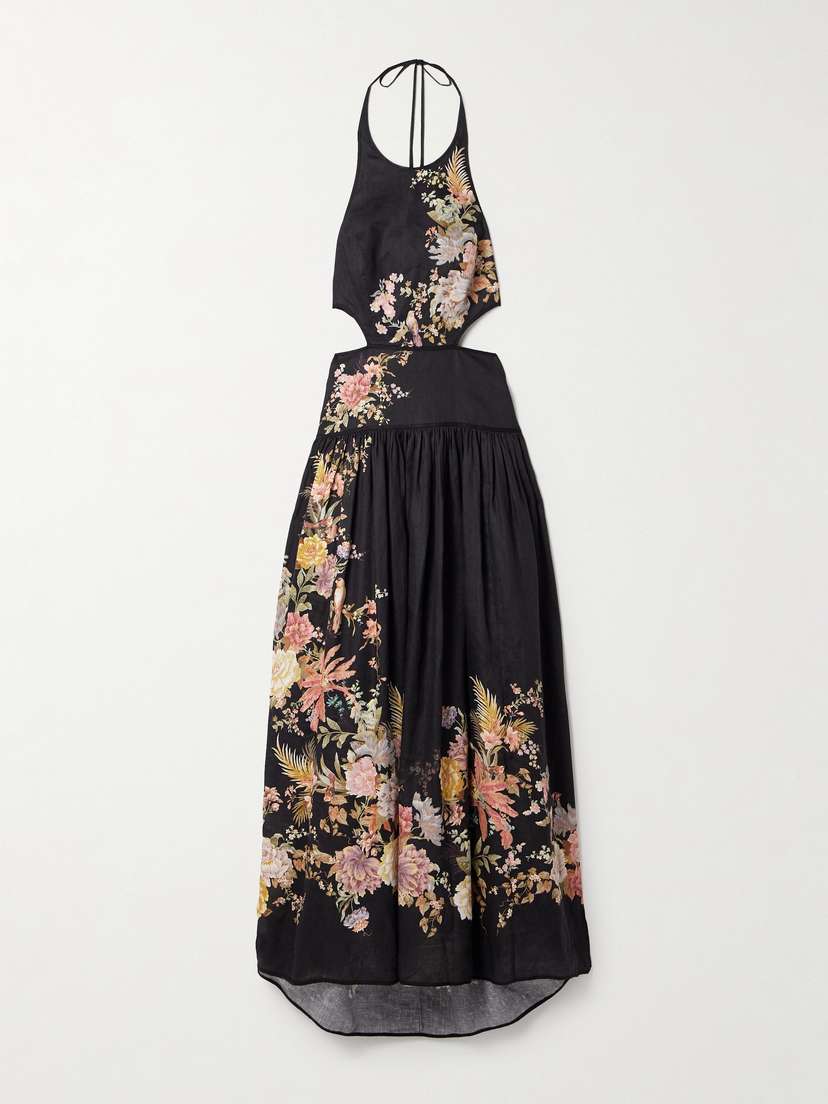 Zimmermann Tallow Cutout Floral-print Linen Halterneck Midi Dress