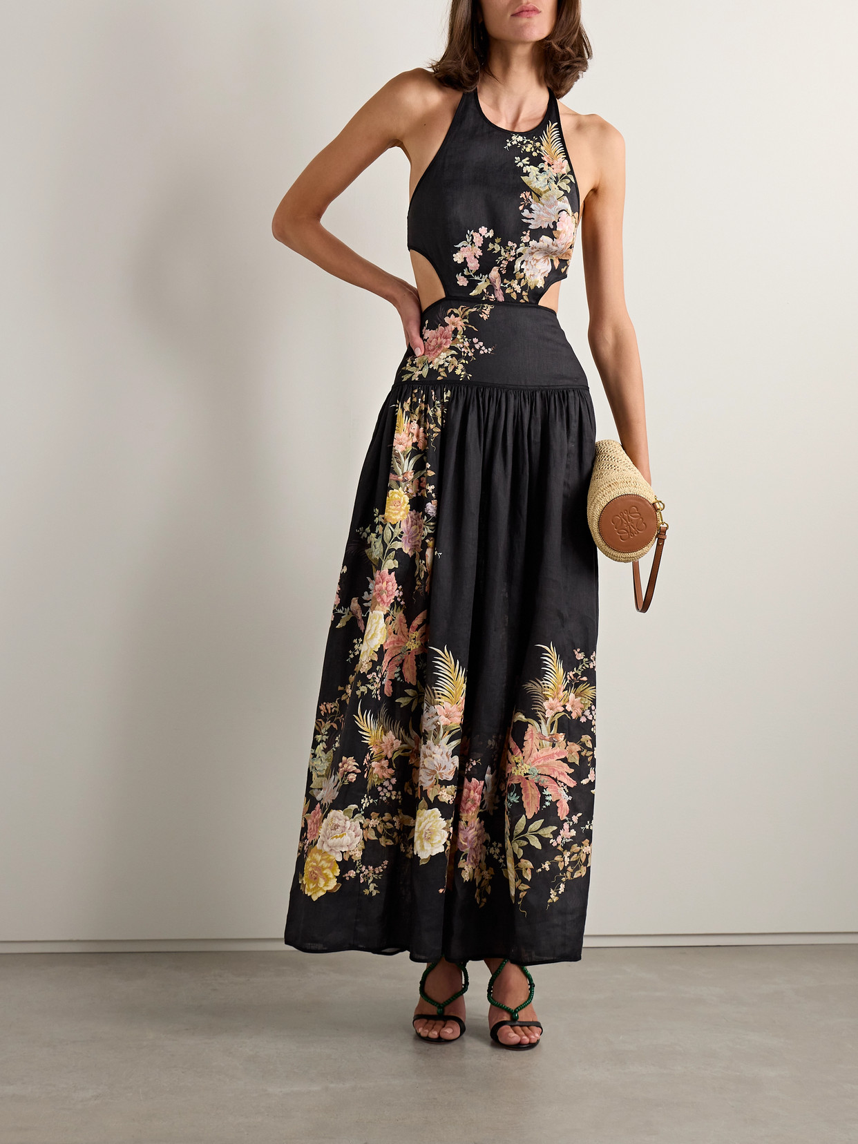 ZIMMERMANN TALLOW CUTOUT FLORAL-PRINT LINEN HALTERNECK MIDI DRESS