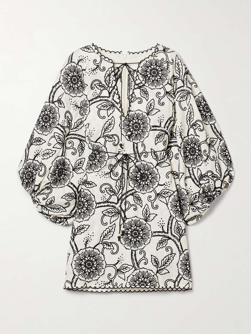 Zimmermann Tallow Belted Embroidered Linen Mini Dress