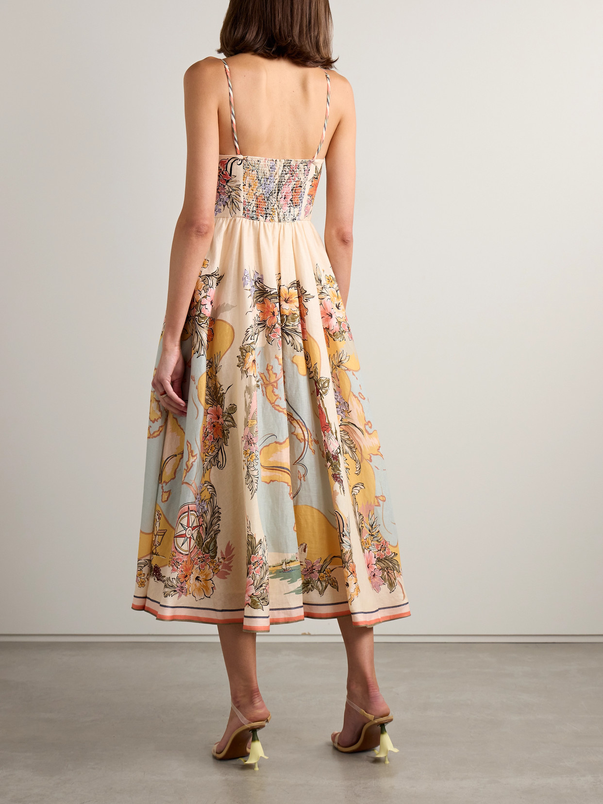 ZIMMERMANN TALLOW PLEATED PRINTED LINEN MIDI DRESS