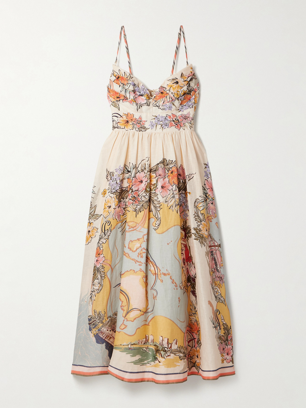 ZIMMERMANN TALLOW PLEATED PRINTED LINEN MIDI DRESS