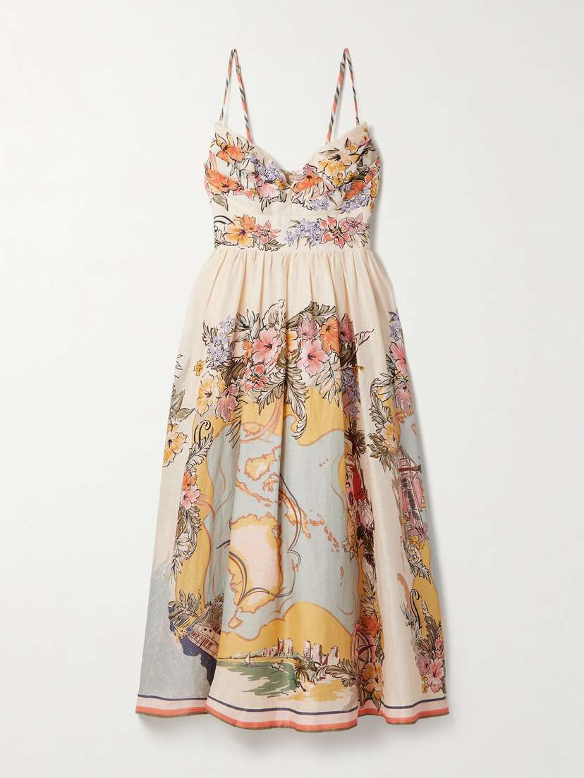 Zimmermann Tallow Pleated Printed Linen Midi Dress