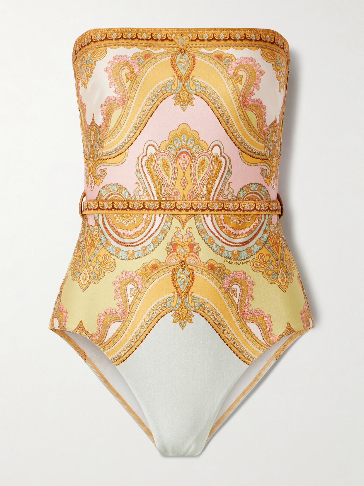 Zimmermann Maxine Strapless Belted Printed Swimsuit In Gold