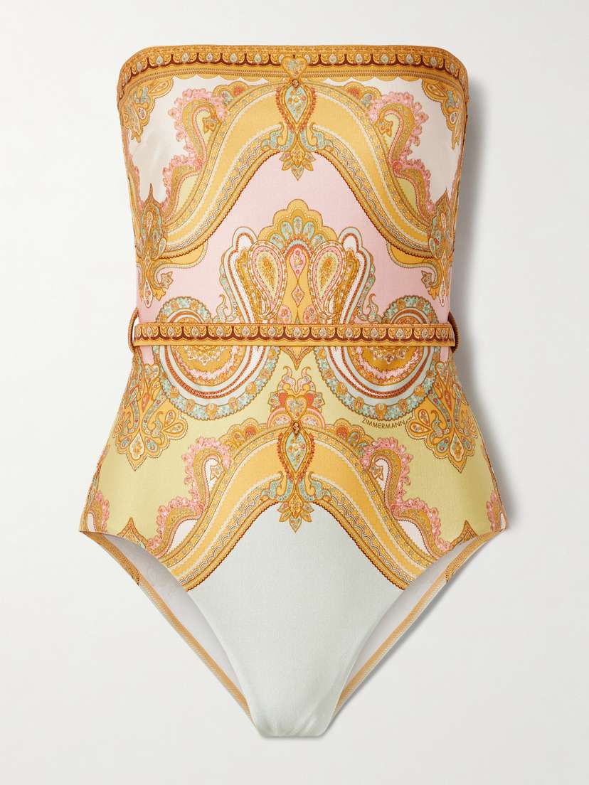 Zimmermann Maxine Strapless Belted Printed Swimsuit