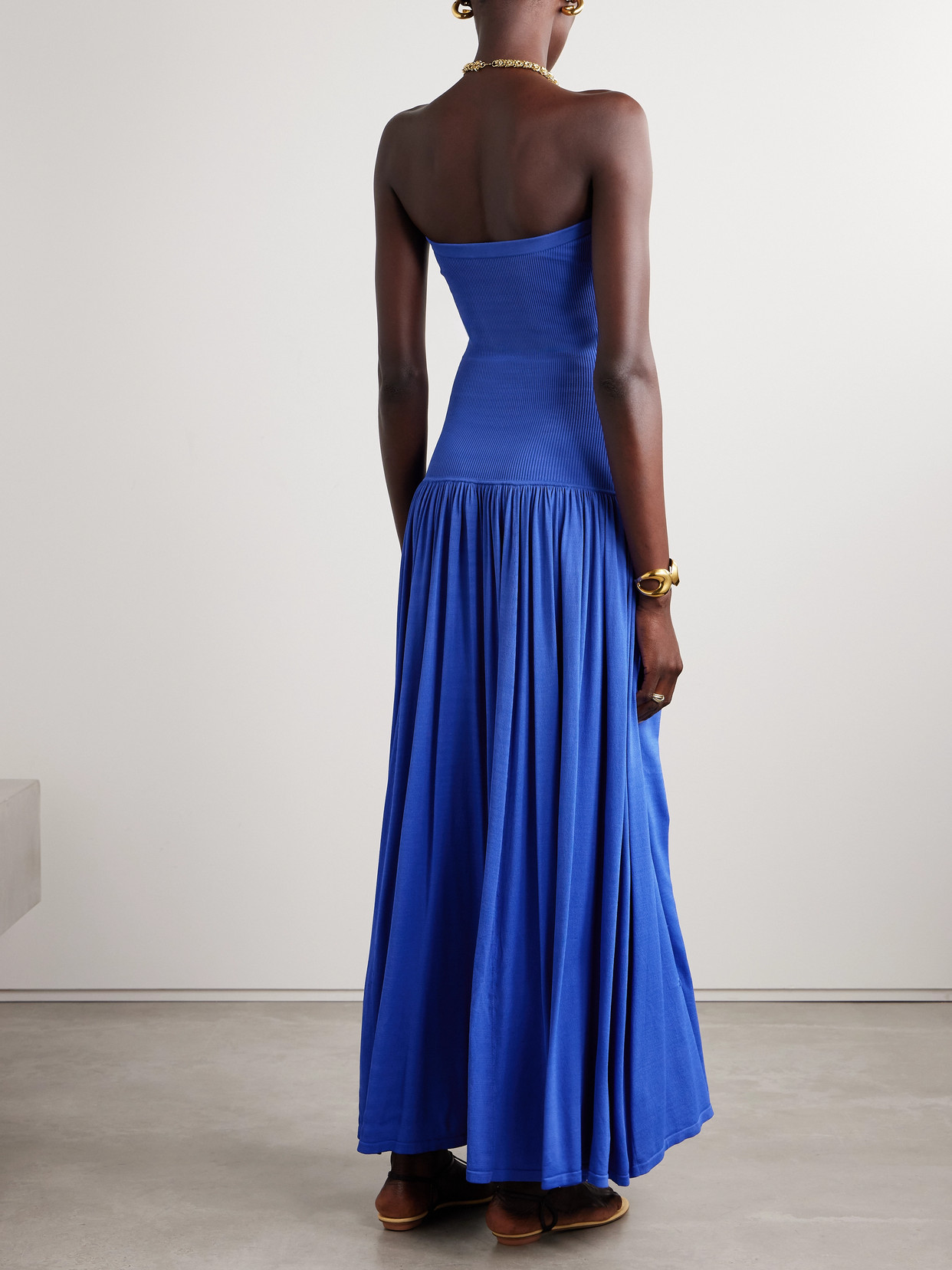 Zimmermann Maxine Strapless Ribbed Gathered Stretch-knit Maxi Dress In Blue