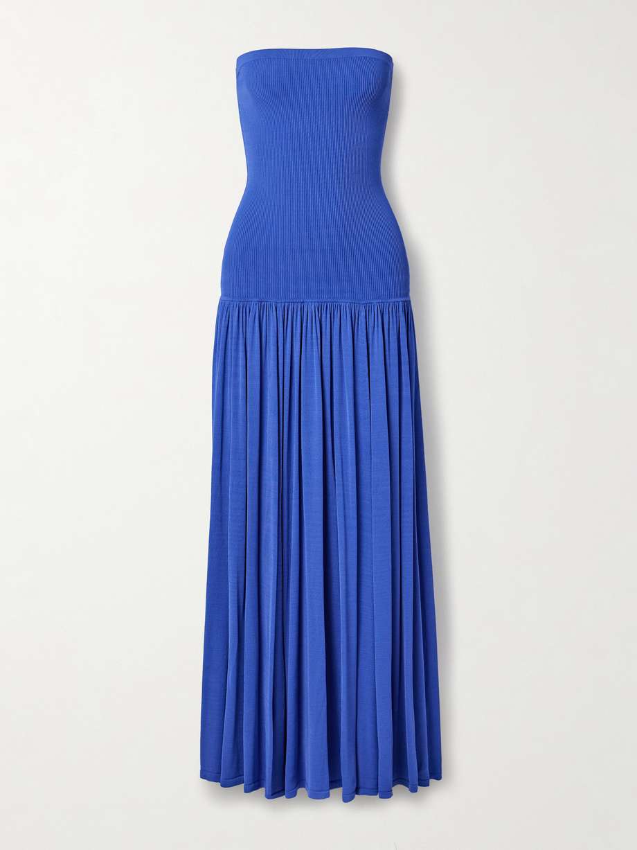 maxine strapless ribbed gathered stretch-knit maxi dress