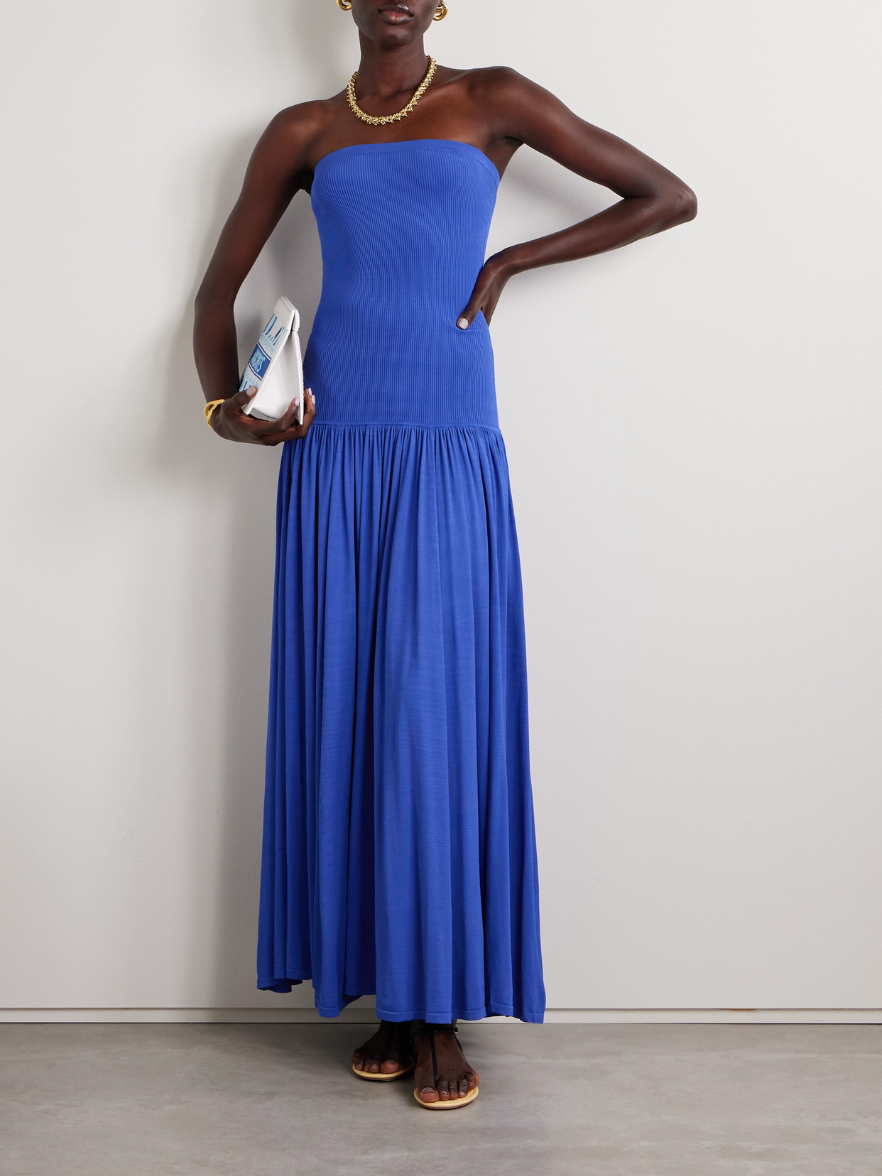 Zimmermann Maxine Strapless Ribbed Gathered Stretch-knit Maxi Dress In Blue