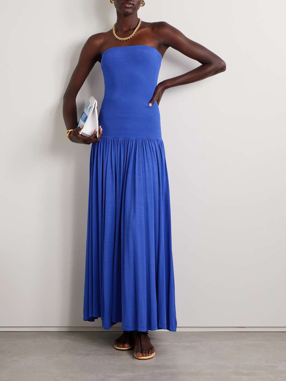 maxine strapless ribbed gathered stretch-knit maxi dress