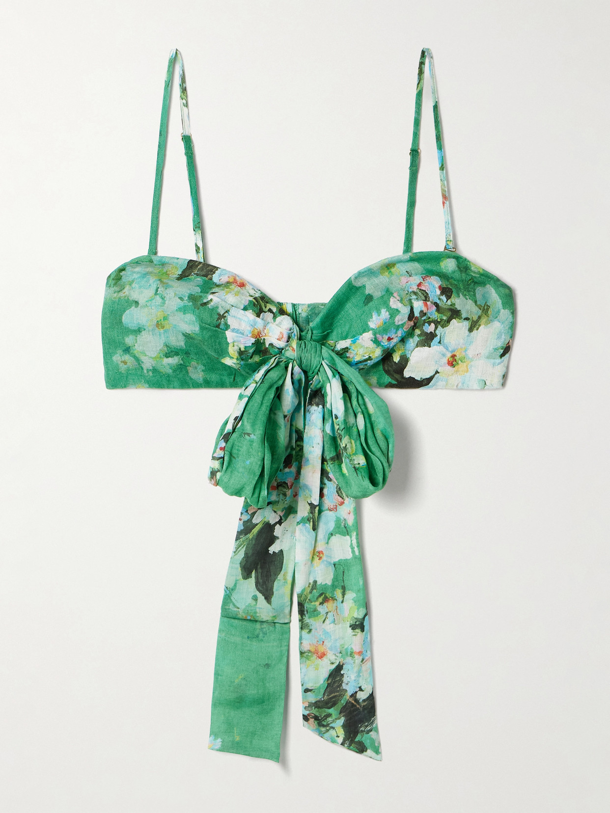 Zimmermann Everley Cropped Bow-detailed Pleated Floral-print Ramie Top In Green