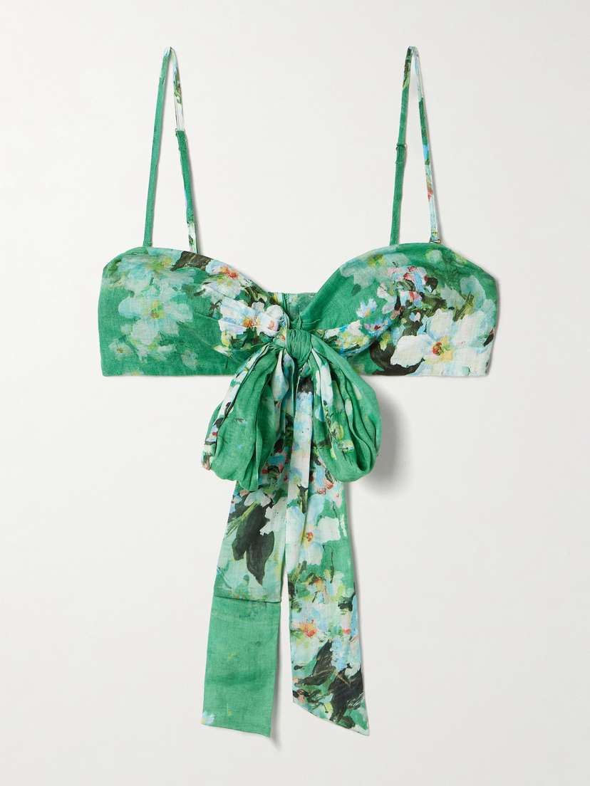 Zimmermann Everley Cropped Bow-detailed Pleated Floral-print Ramie Top