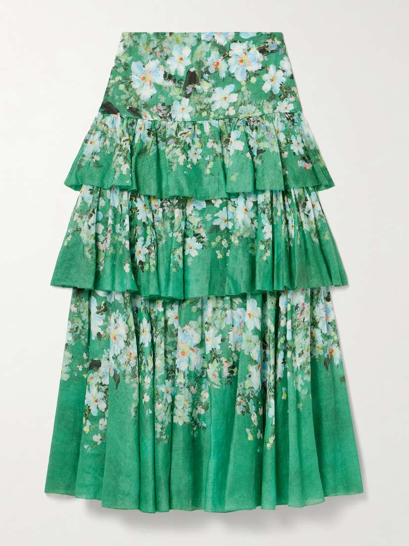 Zimmermann Everley Tiered Floral-print Ramie Maxi Skirt