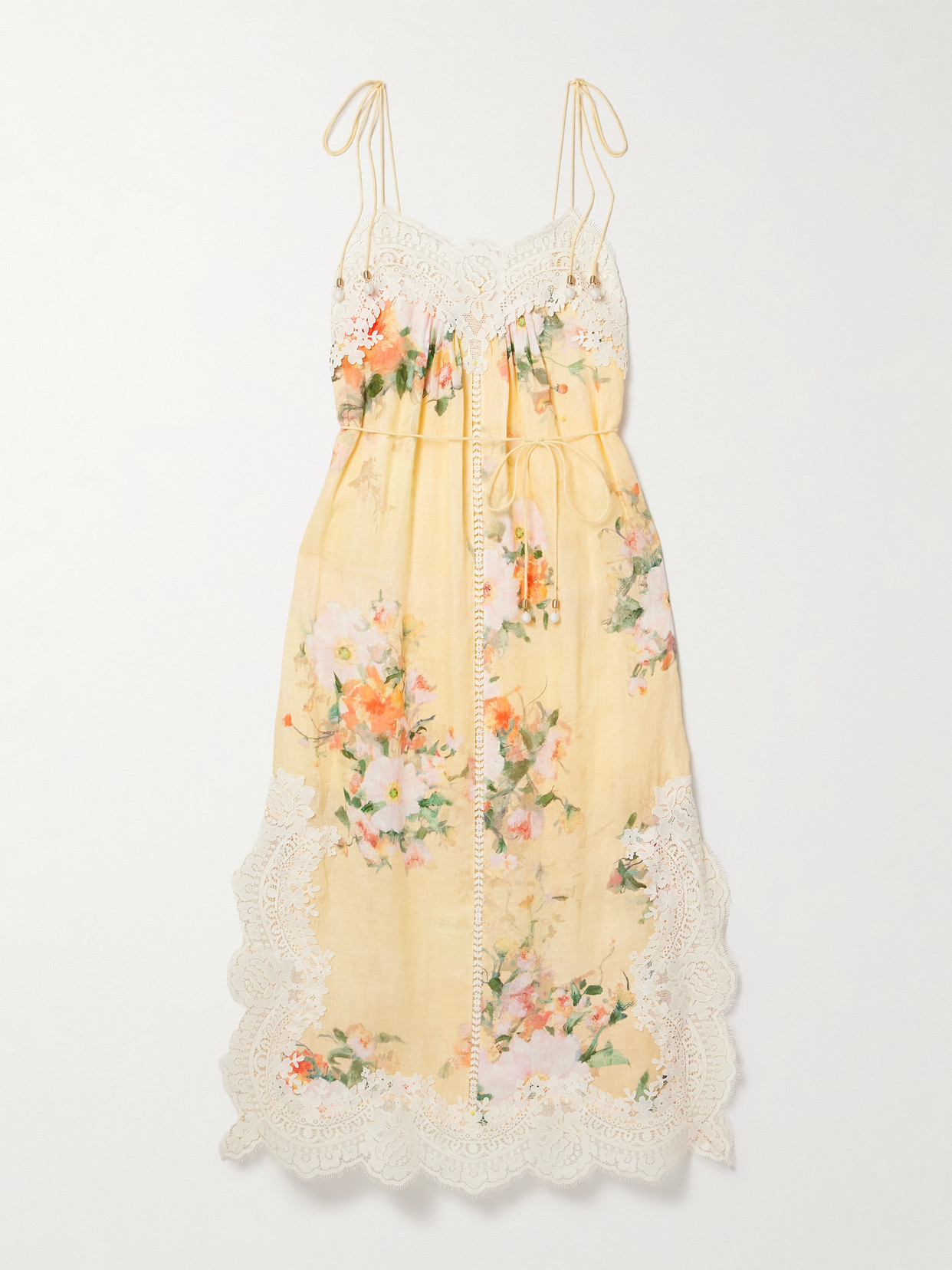 Zimmermann Everley Belted Lace-trimmed Floral-print Linen Midi Dress In Multi