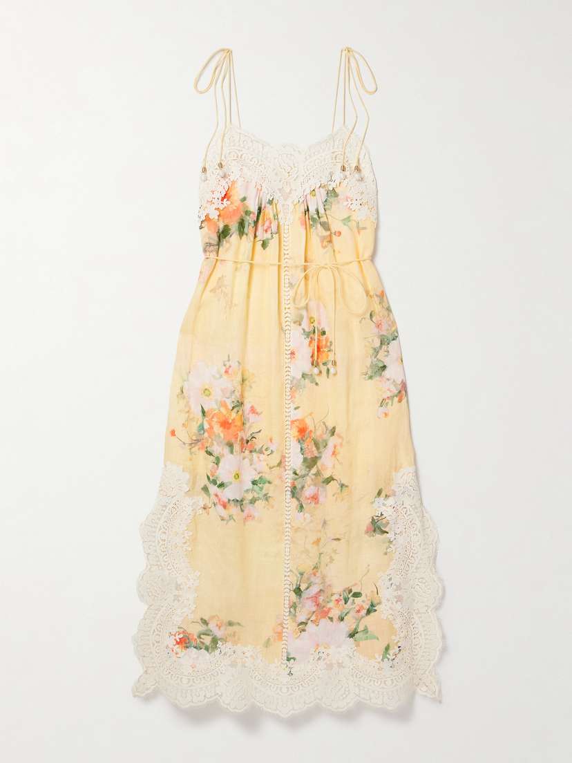 Zimmermann Everley Belted Lace-trimmed Floral-print Linen Midi Dress
