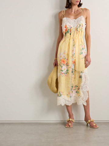 Zimmermann Everley belted lace-trimmed floral-print linen midi dress