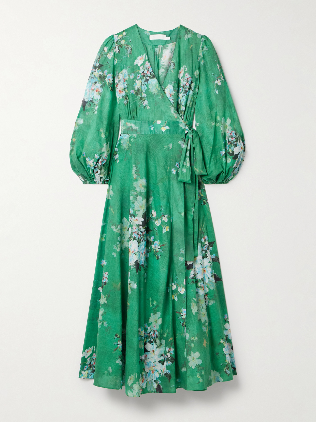 Zimmermann Everley Floral-print Cotton-voile Midi Wrap Dress In Green